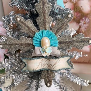 Antique Silver Vintage German Glass Glittered Snowflake Ornament with Vintage Pearl Cabochons, Forget Me Nots NOEL and Aqua French Cottage