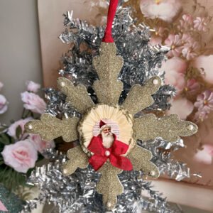 Gold Vintage German Glass Glittered Snowflake Ornament with Antique Santa French Country Cottage Retro Style Shabby Elegant Chic Red