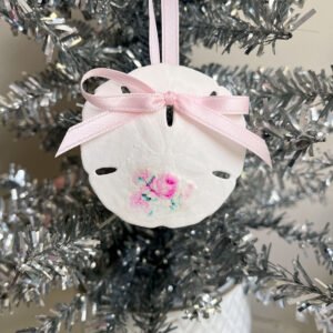 Beach Cottage Bavarian Pink Roses Sand Dollar Ornaments Door Hangers Ornies Cotton Candy Pink Christmas Tree Shabby Chic Romantic