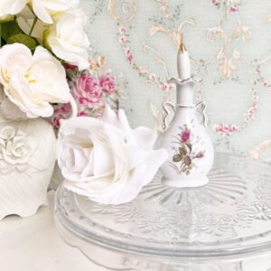 Rare Vintage Cottagecore Porcelain Moss Pink Roses and Lavender Ruffled Top Perfume Bottle Shabby Elegant Chic French Country Cottage Gold