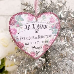 French Je T'aime Valentine Ornaments Pink Roses Country Shabby Elegant Chic Knob Hanger Gift Tag Glittered Heart Paris Antique Ledger Paper