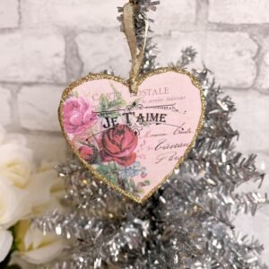 French Je T'aime Valentine Ornaments Pink Roses Country Shabby Elegant Chic Knob Hanger Gift Tag Glittered Heart Gold Paris Antique Postcard