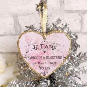 French Je T'aime Valentine Ornaments Pink Roses Country Shabby Elegant Chic Knob Hanger Gift Tag Glittered Heart Gold Paris Antique Fabric