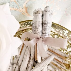 French Country Cottage Vintage Style Clothespins White & Grey Fleur de Lis, Writing Aged Distressed Paris Shabby Chic Clothes Pins Ribbon