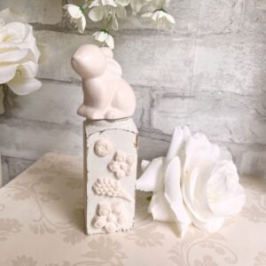 French Country Cottage Style White & Vintage Pink Floral Flowers Rabbit Bunny Hare on Salvaged Wood Aged Distressed Peach Shabby Chic