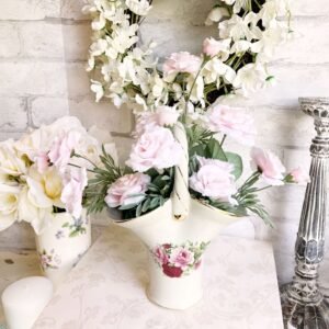 Vintage French Country Tea Roses Pink & Burgundy Ceramic Porcelain Basket Gold Trim Red Shabby Chic Formalities by Baum Brothers Victorian